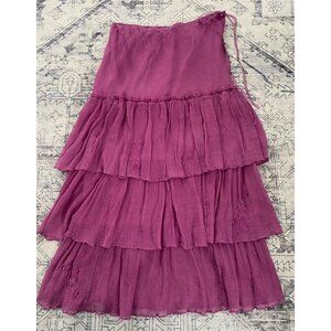 LinQ Womens Purple Ruffle Tiered Midi Silk Skirt Size Medium Bead Embellishments